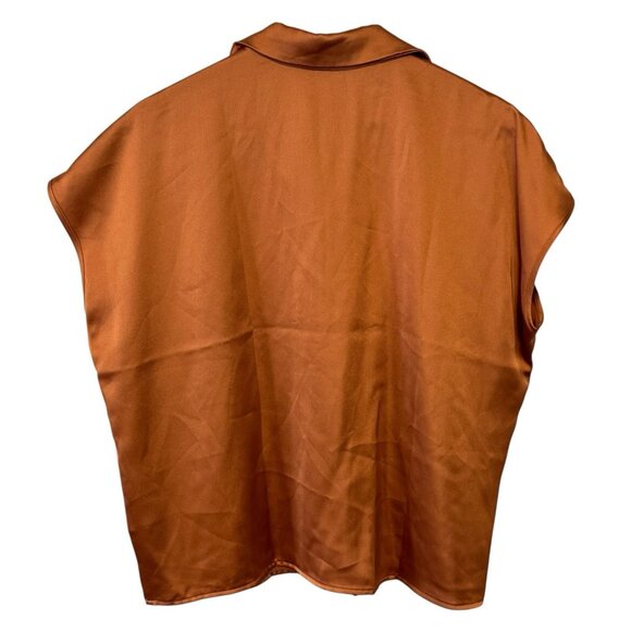 Rachel Zoe Brown Metallic Sleeveless Button Up Blouse Shiny Relax Fit Boxy Top - Picture 3 of 10